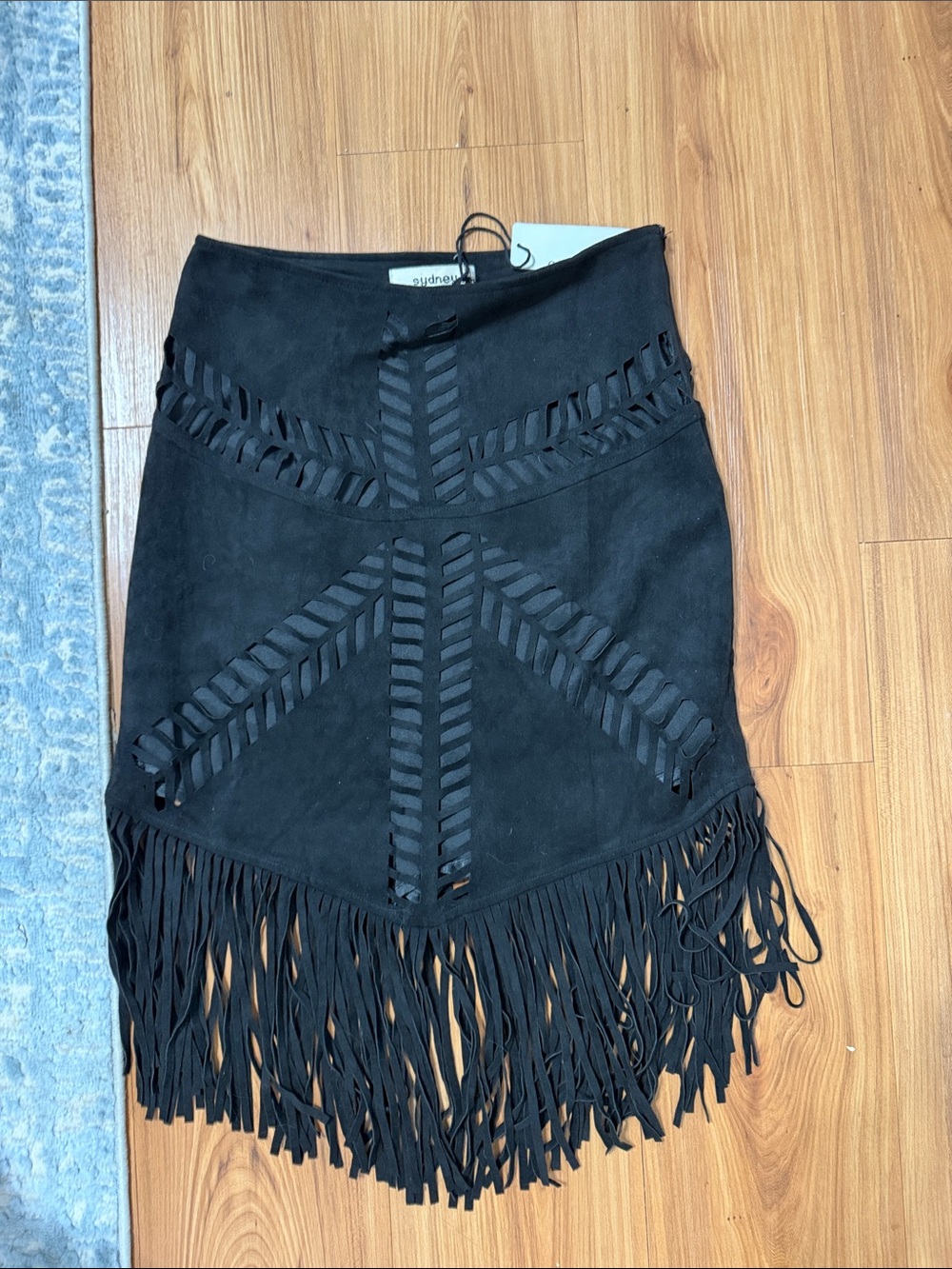 Black Fringe Midi Skirt with Laser-Cut Detail